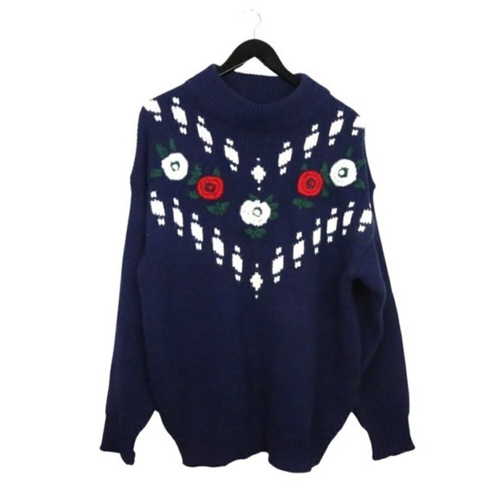 VINTAGE Sweater 100% Acrylic Floral Embroidered Crew Neck Pullover